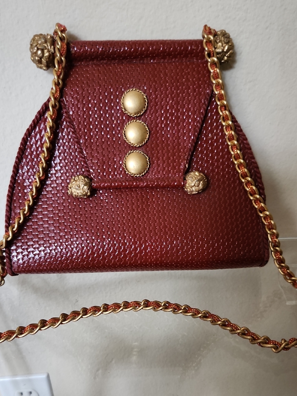 Textured Red Shoulder Bag with Gold Chain and Button Accents